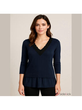 Weekend MaxMara Silk Cotton Tunic Top Sz L Navy Lace Trim Pleated Hem 3/4 Sleeve